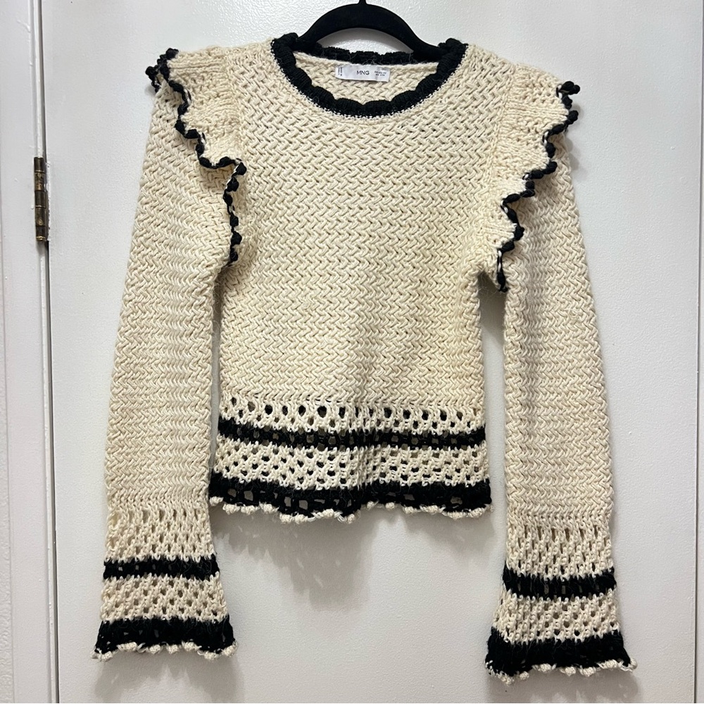 Mango Ruffle Flare Sleeve Sweater Open Knit Cream Black XS Crewneck Pullover - Picture 3 of 11